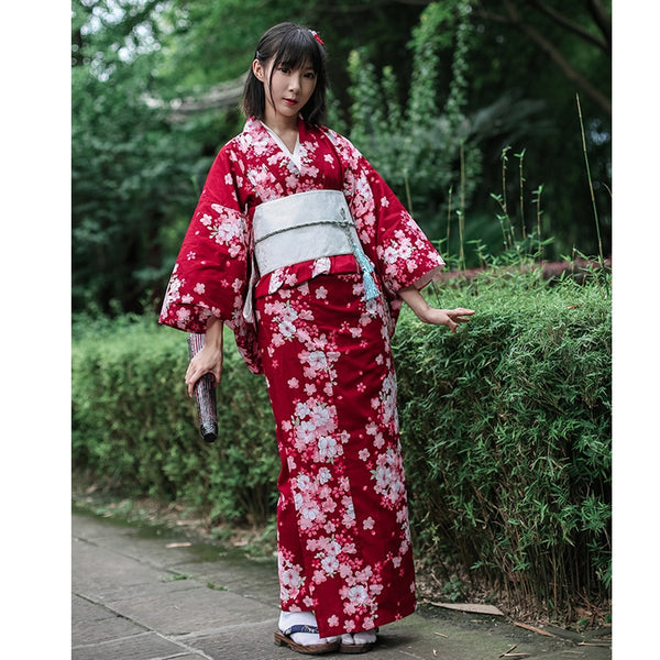 Traditional Japanese Floral Kimono with Obi Women's Cotton Bath Robe Yukata e  Evening Dress