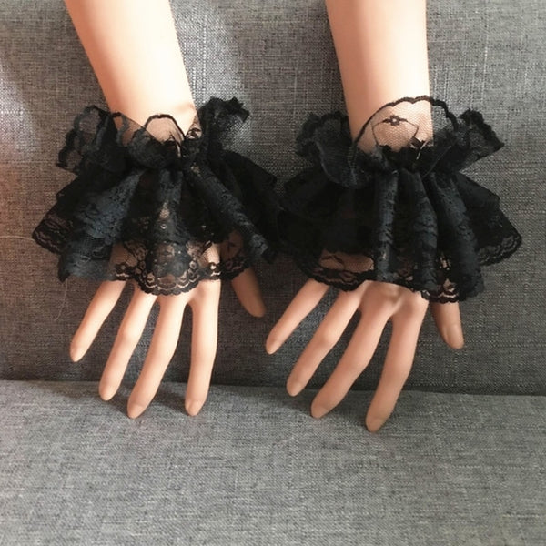 Steampunk Lolita Hand Sleeve Wrist Cuffs Ruffled Floral Lace Elastic Bracelet